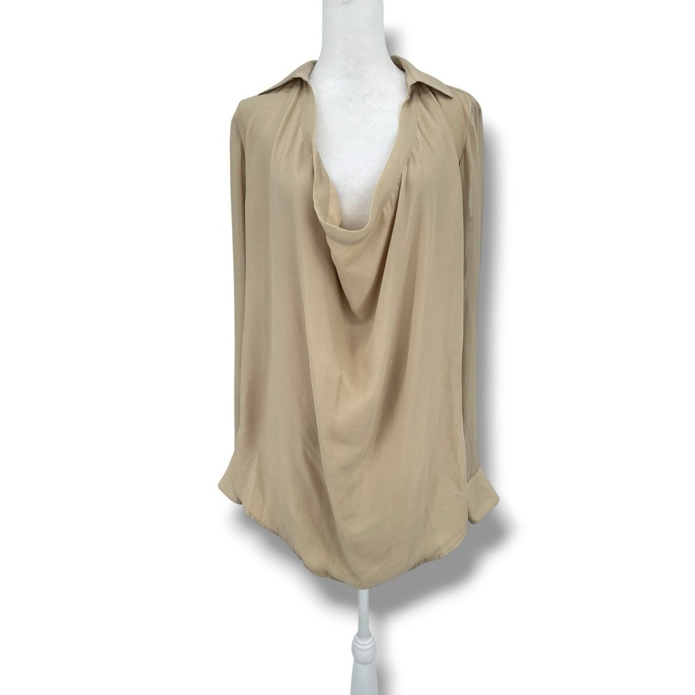 Haute Hippie Silk Lined Blouse M Beige Draped Cowl Neck Oversized Office Elegant